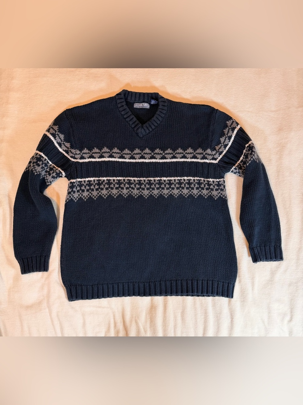 Vintage 90s Structure Cotton Geometric V-Neck Sweater Men’s L